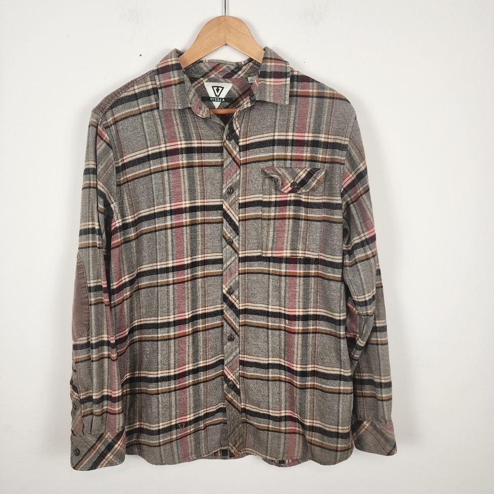 Vissla Long Sleeve‎ Plaid Elbow Patches Button Front Shirt Men's Size Large